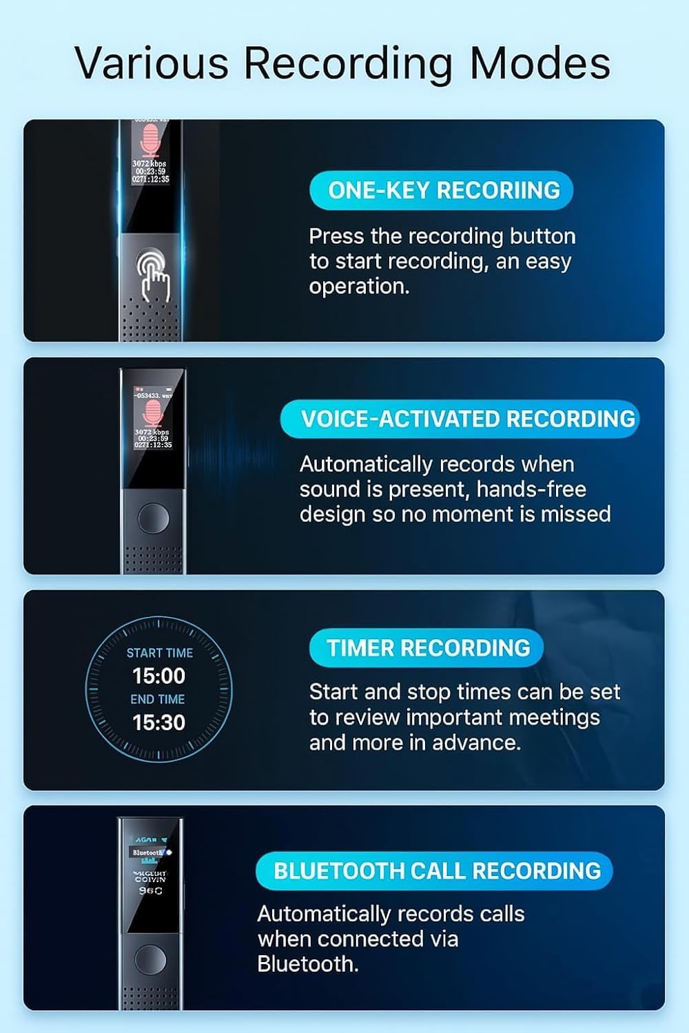 JUSTSTONE 128GB MP3 Digital Voice Recorder with Playback, Ai Noise Reduction, Voice Activated Recording, Password