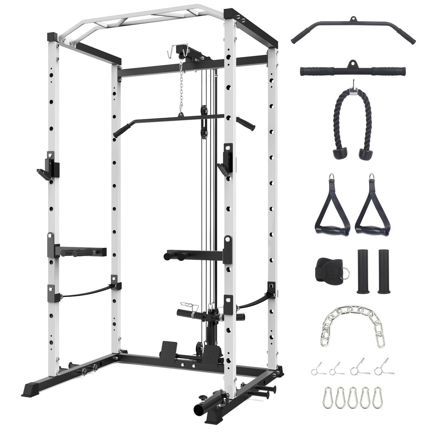 Power Cage with LAT Pulldown Machine - Squat Rack for Home Gym, Multi-Functional Weight Cage with Cable Pulley System, Dip Bars & Landmine Attachment