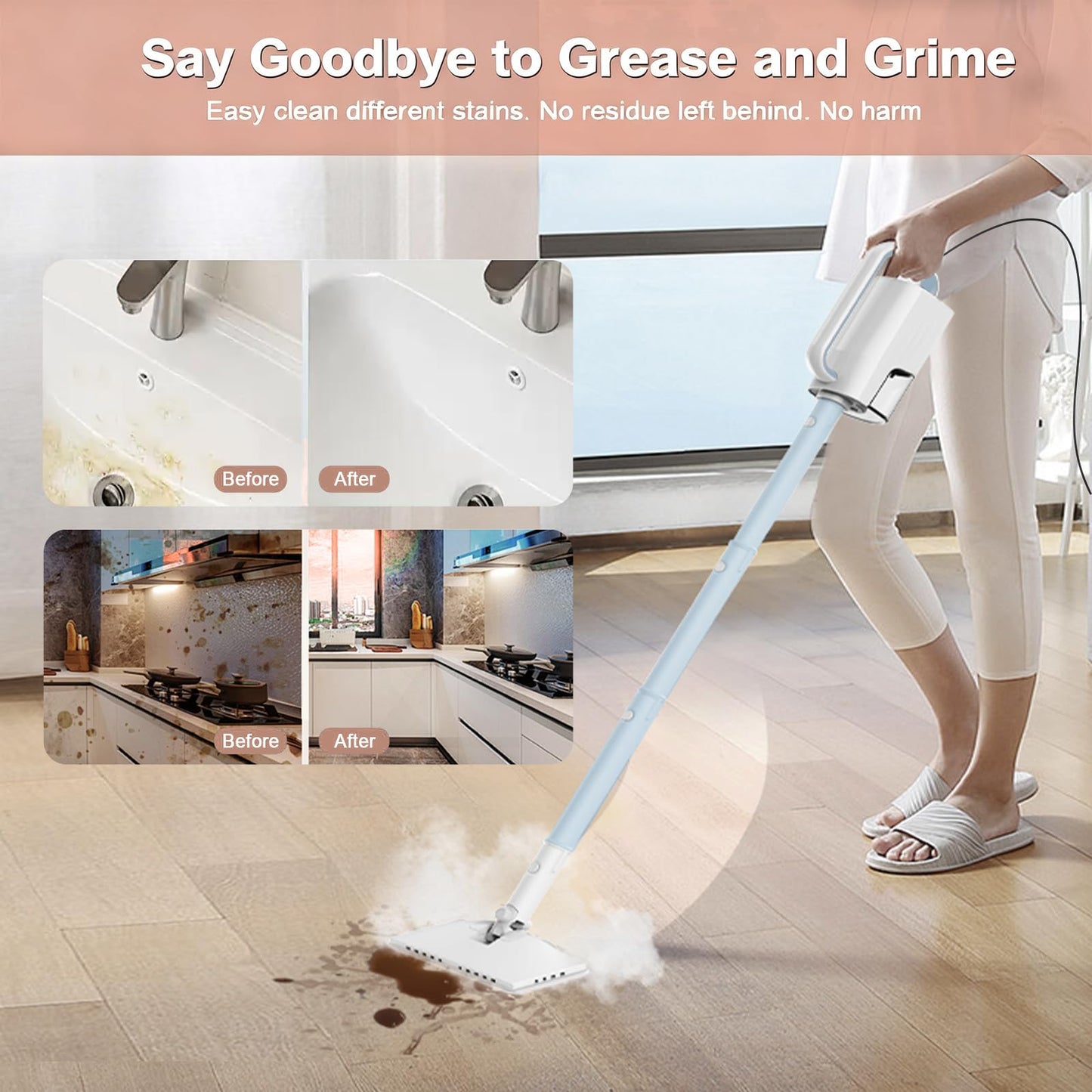 Steam Cleaner, 6 in1 Rotated Steam Mop Cleaner with 2 Modes, 2 Microfiber Pads, 400ML Removable Tank, 23FT Power Cable, Detachable Steam Mops for Floor, Laminate Floor, Tiles Cleaning (Ice Blue)