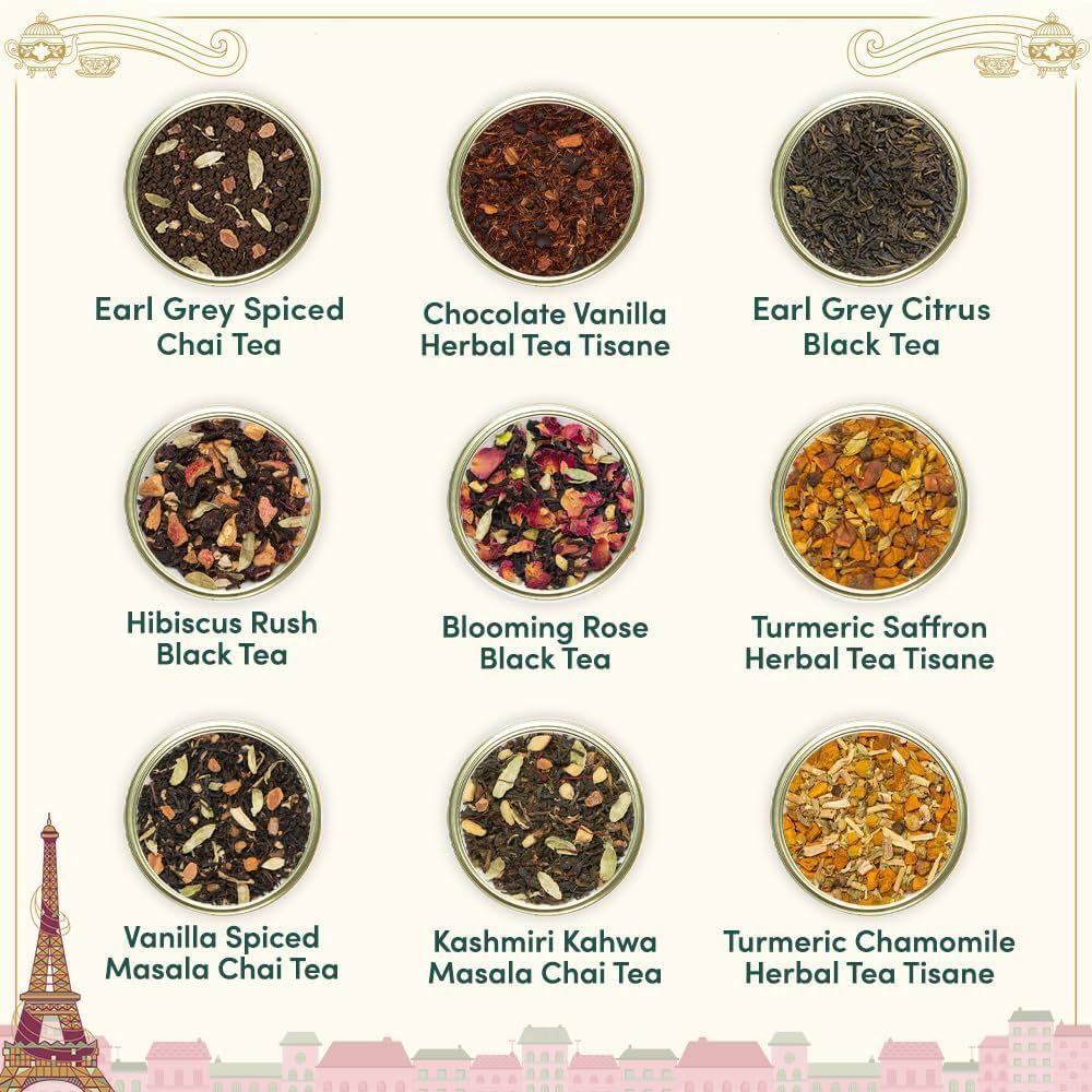VAHDAM Weekend in Paris Tea Gift Set - 9 Assorted Luxury Teas | Travel Edition | Natural, Gluten-Free, Non-GMO