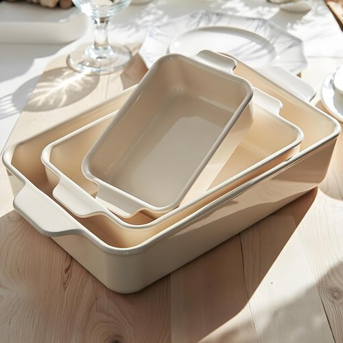 Kook Ceramic Bakeware Set - Rectangular Baking Dishes for Casseroles & Lasagna | 3-Piece Set in Ivory
