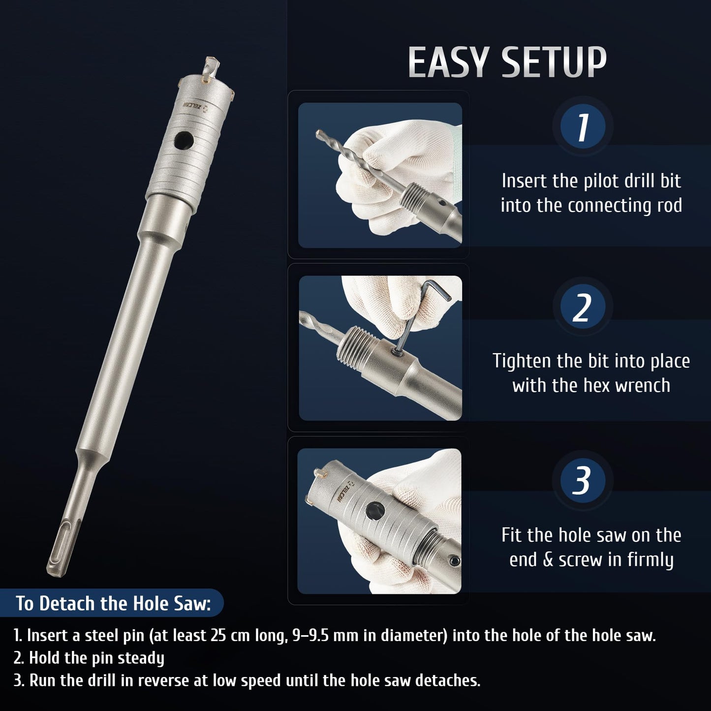 ZELCAN Hole Saw Kit, 4pc Drill Hole Cutter Set with 30 50 65mm Hole Drill Bits for SDS Plus Hammer Drills, Circle Drill Bits Hole Saw Set for Concrete Brick Cement Stone Wall Drilling Home Improvement