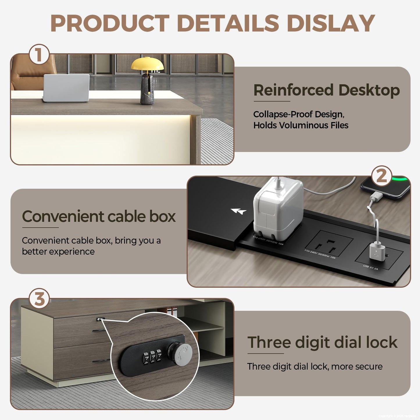 ZIMASYA 79 Inch L Shaped Executive Office Desk with Storage Cabinet, Left Return Desk with 2 AC Outlets and 2 USB Ports, Lockable Drawer, Cable Management Box, Smoked Gray and Off White