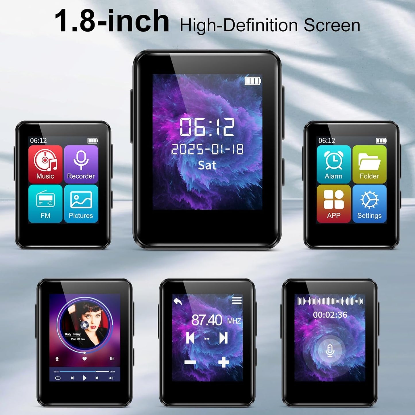 woolynew MP3 1.8 inch MP3 512GB, 64GB Music Player, Screen Portable HiFi Player Expandable to with Bluetooth, FM Radio