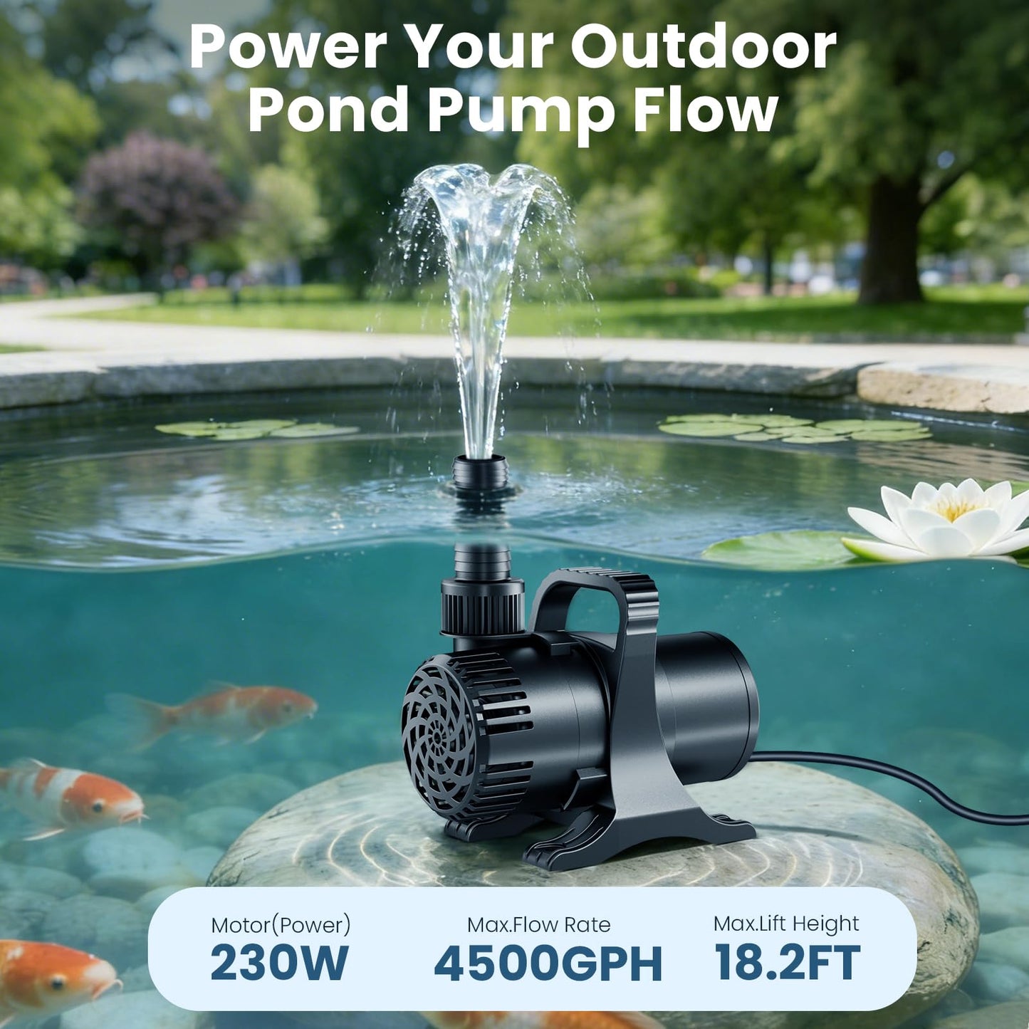 OYO Water 230W 4500 GPH Pond Pump, High Flow Heavy Duty Submersible Water Pump for Large Ponds, Pools & Waterfalls, Ultra Quiet Continuous Operation, Submersible & Inline Use, Includes Filter Bag