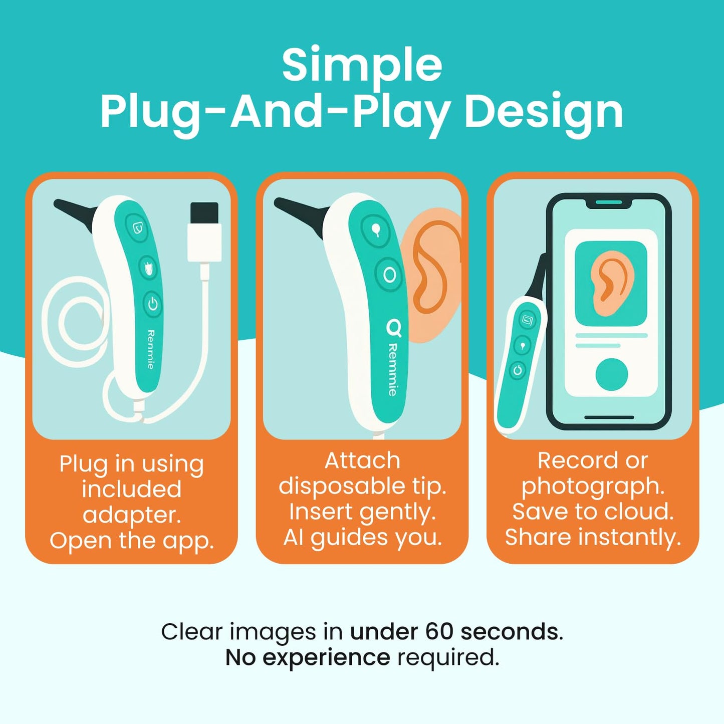 Remmie 4 AI-Powered Digital Otoscope with Light for Home Use - Ear Infection Checker for Kids & Adults - Nose Scope Video Camera with Telemedicine-Enabled App - FDA-Registered