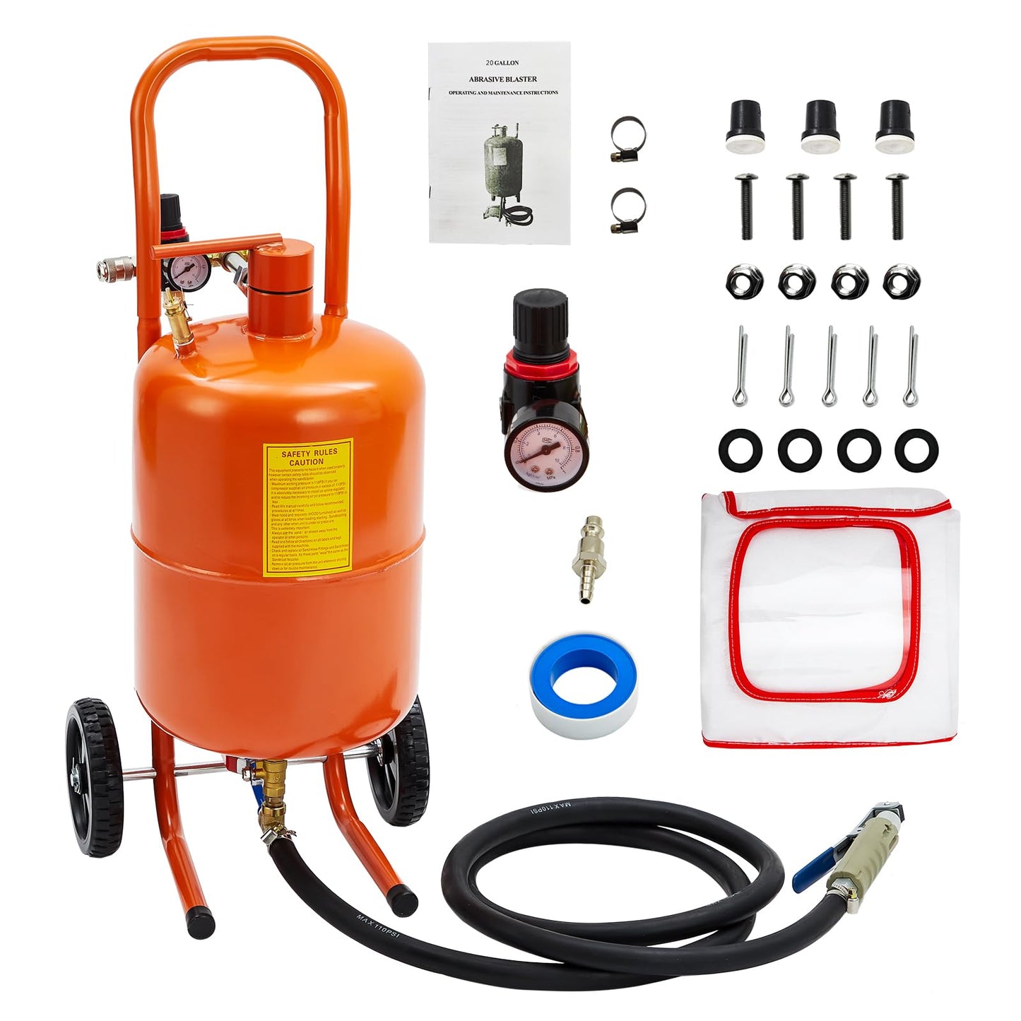 GarveeTech 5 gal Sand Blasting Machine, 60-110 Psi Pressure Air Sand Blasting Kit w/4 Ceramic Nozzles & Oil-Water Separator, Portable Abrasive Blaster for Stain Removal Paint, Orange