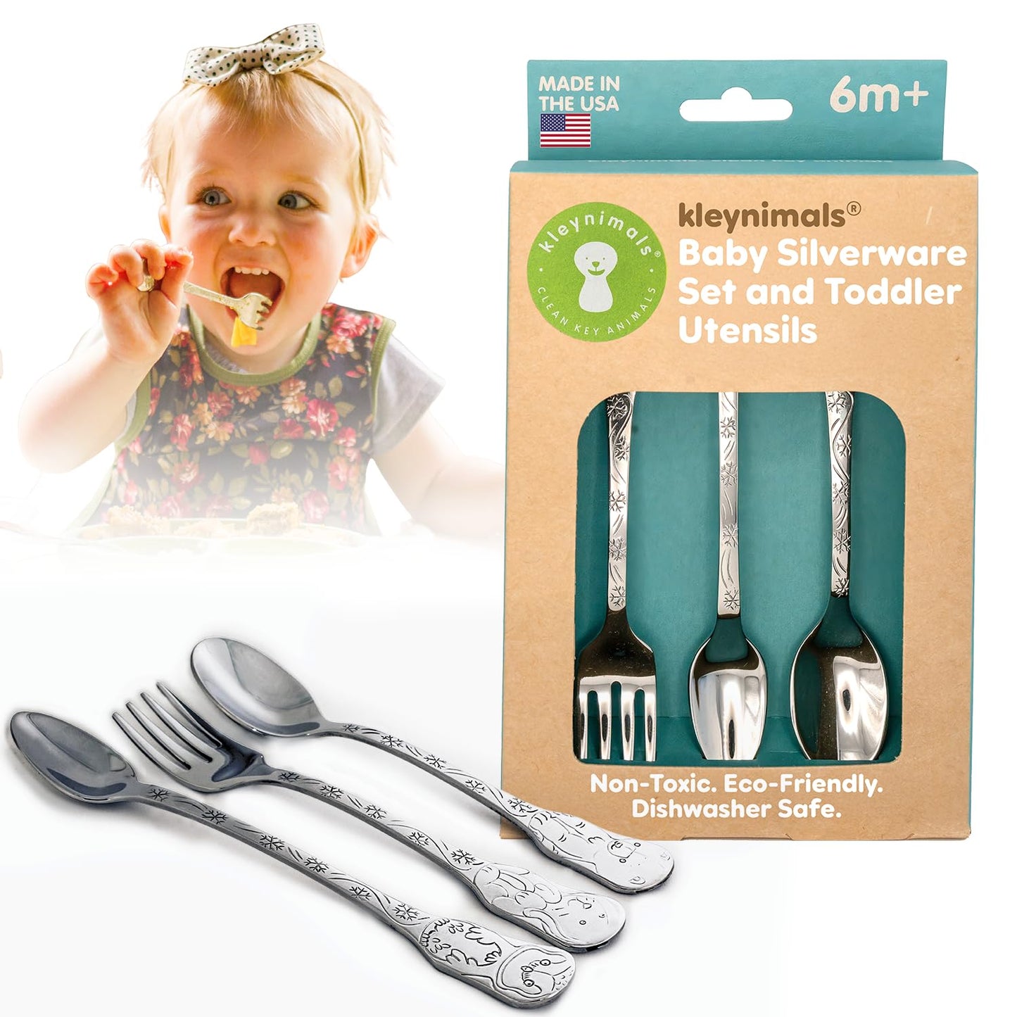 Kleynimals Arctic Friends Made in USA Baby Silverware – 100% Stainless Steel Baby Forks and Spoons, Non-Toxic, BPA-Free, Eco-Friendly, Dishwasher Safe – Safe Utensils for Babies & Toddlers