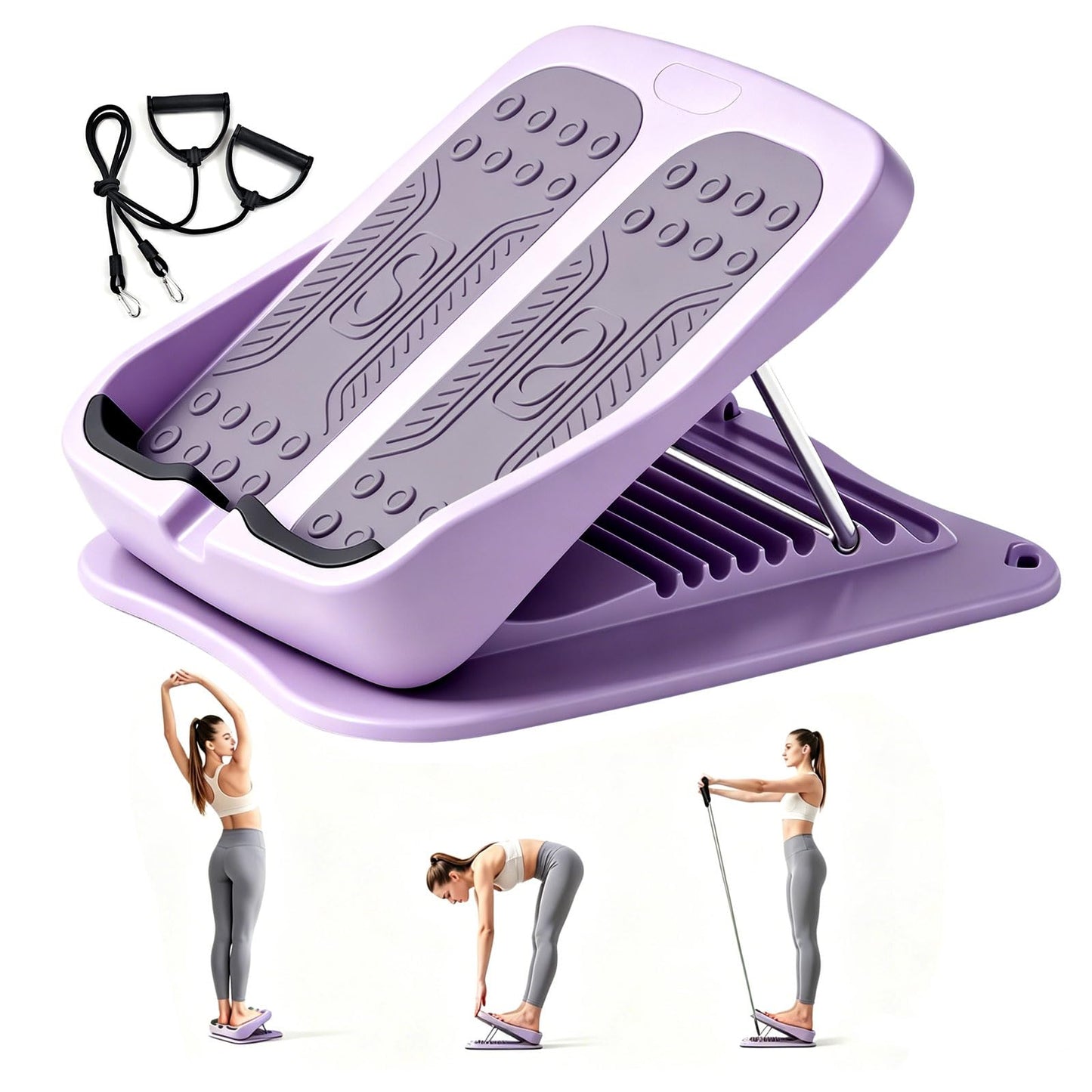 9-Level Adjustable Slant Board for Calf Stretching, Incline Board with 2 Resistance Bands, Portable Calf Stretcher for Exercise & Physical Therapy Equipment (Purple)