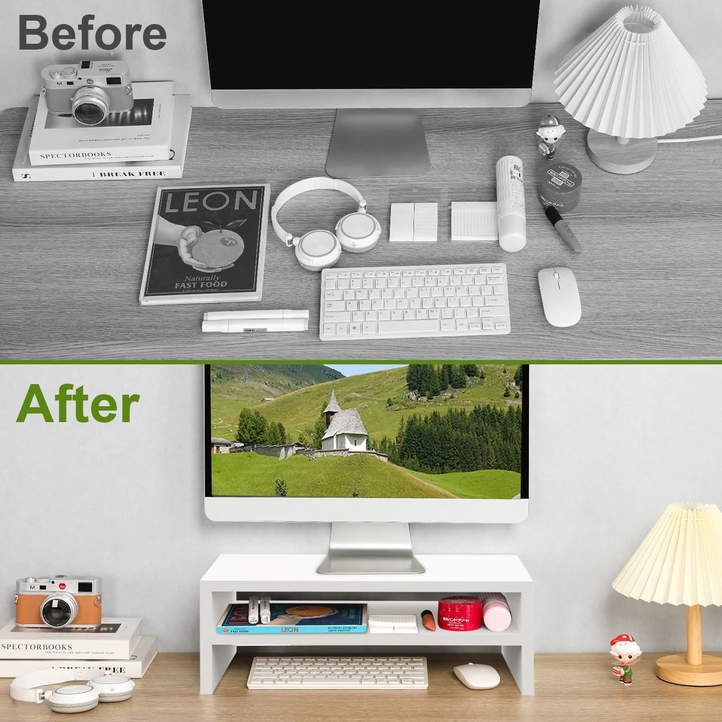 2 TEAMIX Tier White Monitor Riser Stand, Wood Desktop Stand with storage for Laptop/PC/Printer/Keyboard, TV Stand Shelf