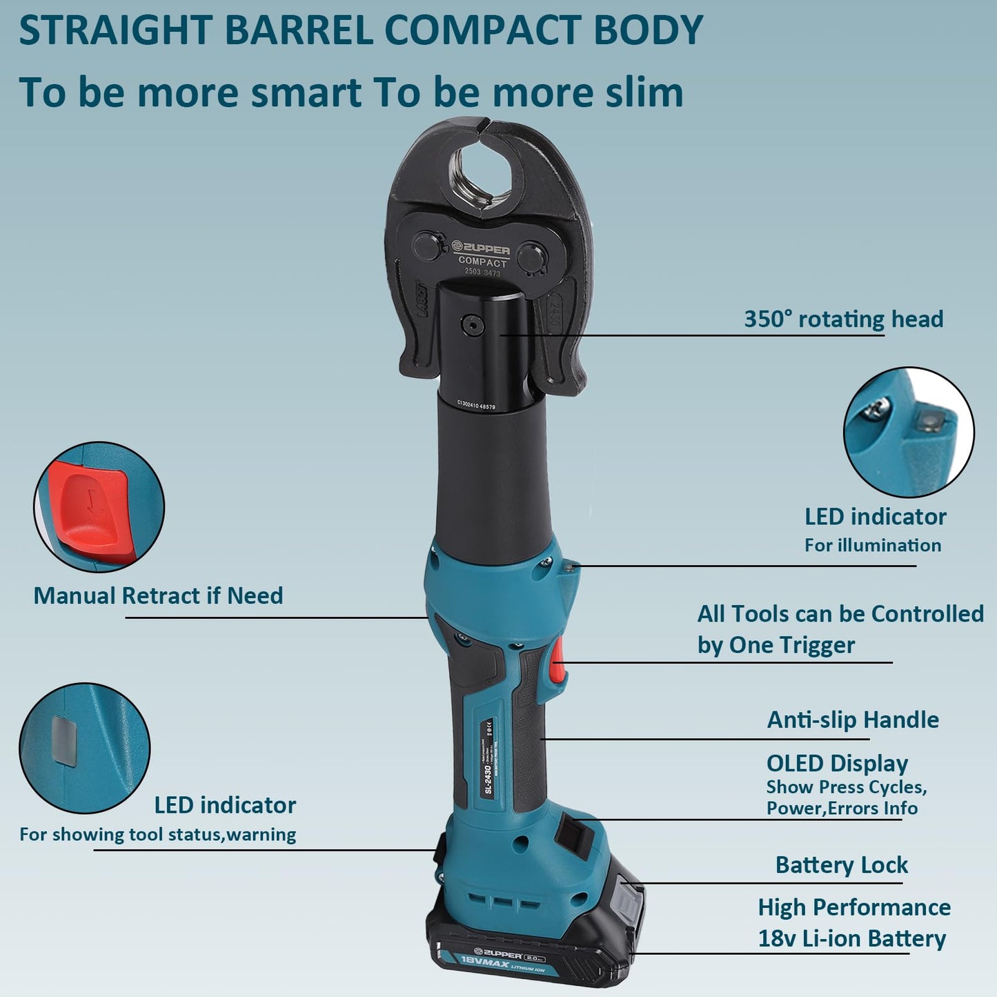 ZUPPER Press Tool Kit,18V Electric Pipe Crimping Tool for 1/2"to 1" Copper Pipes Compact Press Tool Kit Compatible with Propress Brushless Motor 2pcs 2Ah Battery