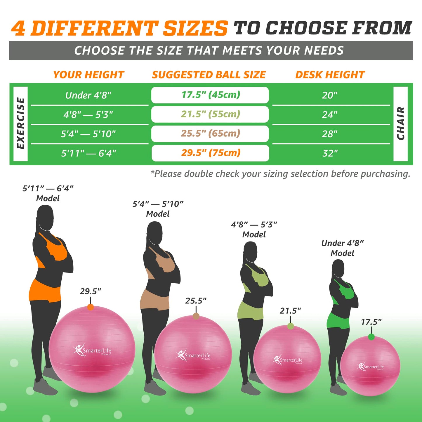 SmarterLife Exercise Ball Yoga Ball for Fitness, Balance, Stability, or Pregnancy, Gym Ball for Core Workout, Physical Therapy, Yoga Ball Chair for Office, Anti-Slip Anti-Burst (65 cm, Pink)