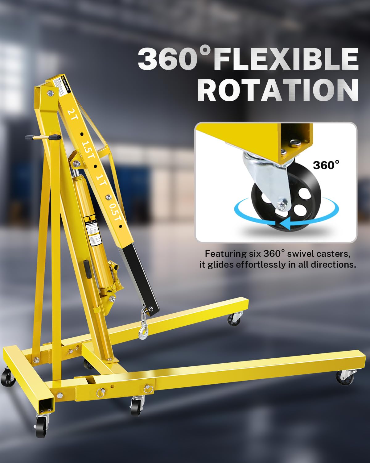 GarveeTech 2-Ton Folding Engine Hoist with Lever, Hydraulic Shop Crane with 6 Swivel Wheels & Adjustable Boom (0.5T-2T), Heavy-Duty Cherry Picker for Garage, Workshop, Truck, Farm (Net Wt. 168 Lbs)