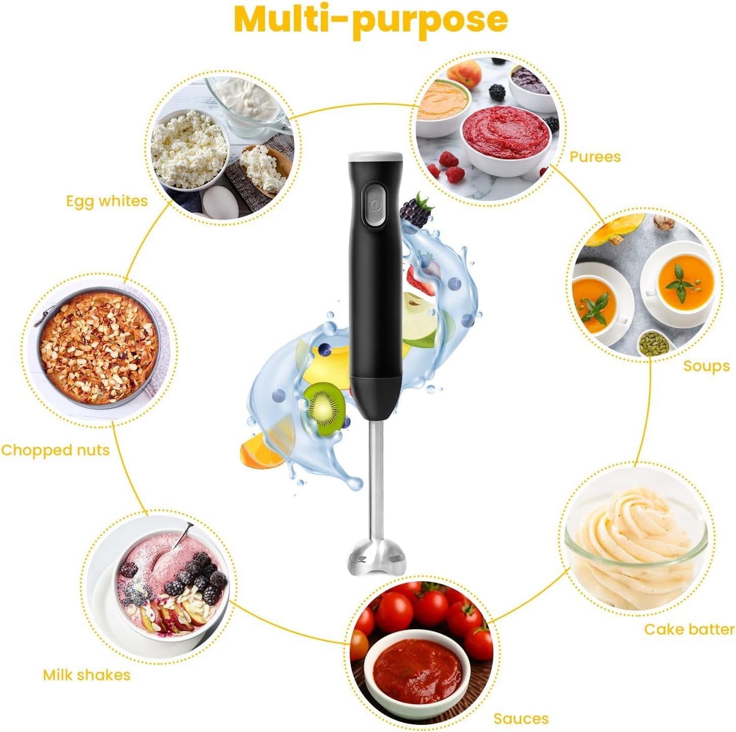 Immersion Blender Handheld Cordless Stick, Stainless Steel Hand Held Blender Mixer with Egg Whisk, for Soup, Smoothie, Puree, Baby Food