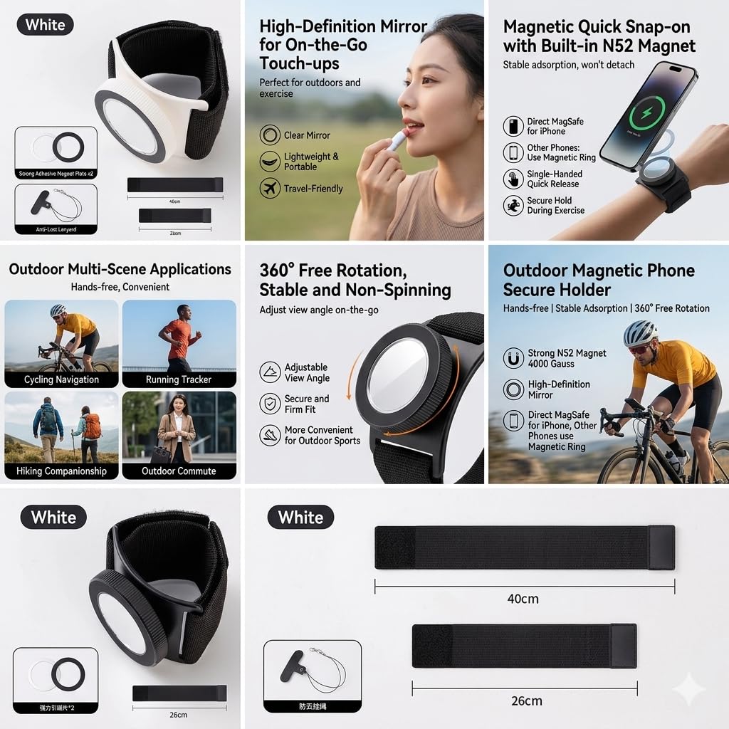 Magnetic Sport Wristband Phone Holder with HD Mirror & N52 Magnet, 360° Rotate Detachable Running Armband for iPhone 17 16 15 14 13 12 Pro Max, Galaxy Sports Wrist Forearm Mount for Gym Cycling