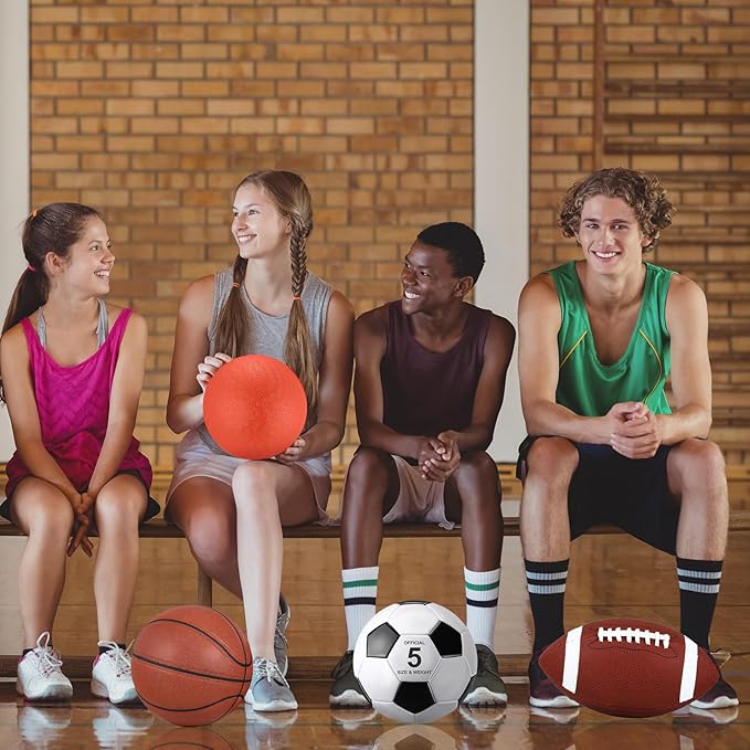 Lenwen 4 Pcs Sports Balls Set, Include Official Size Basketball Soccer Football Playground Ball Pump Equipment Bag for Teen Adult Gift Operation Christmas Ball Gifts