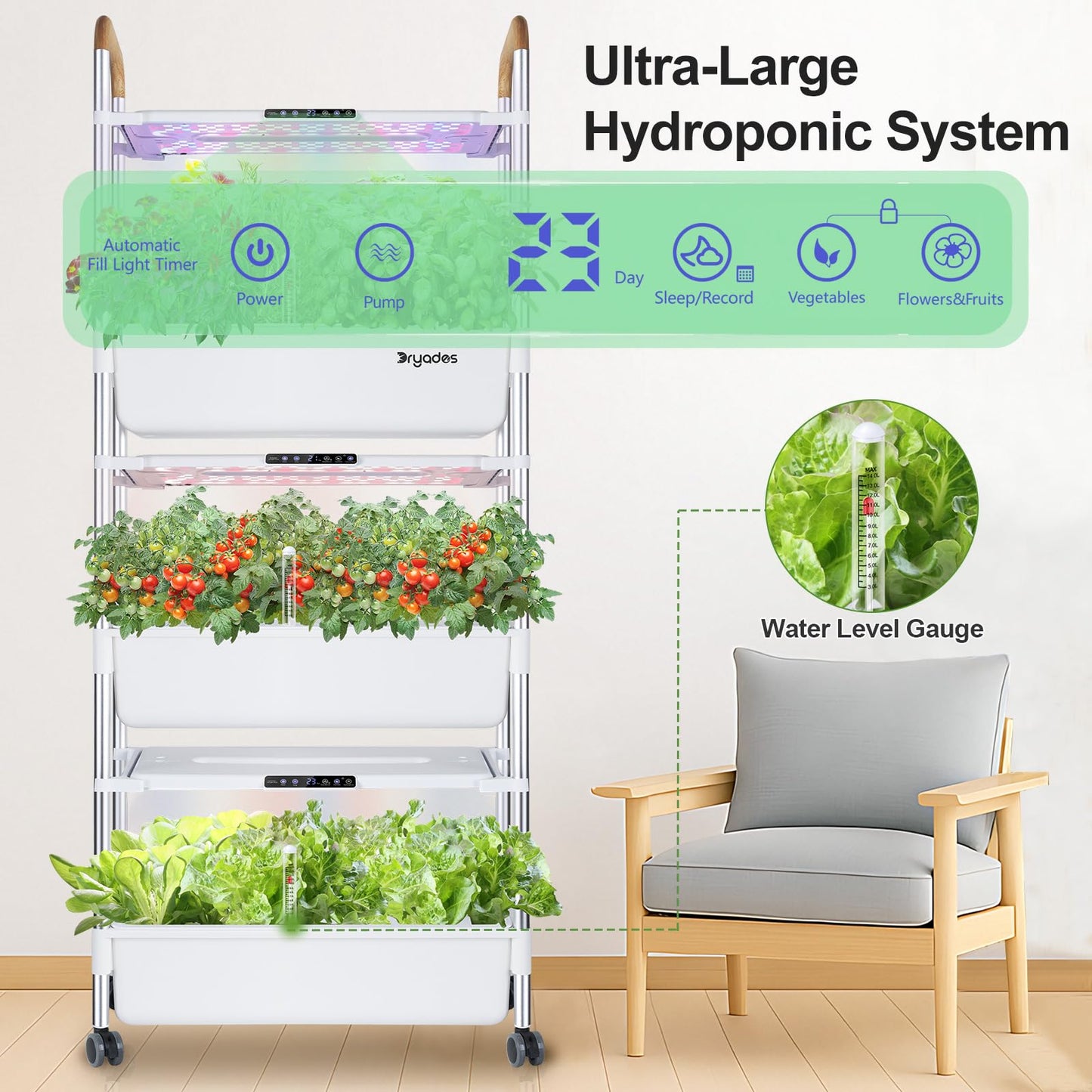 DRYADES Indoor Hydroponic Growing System with 81 Pods Herbs Garden Kit with 30W Led Grow Light Large Movable 3-Layer Floor-Standing Hydroponic Gardening System for Vegetable Fruit