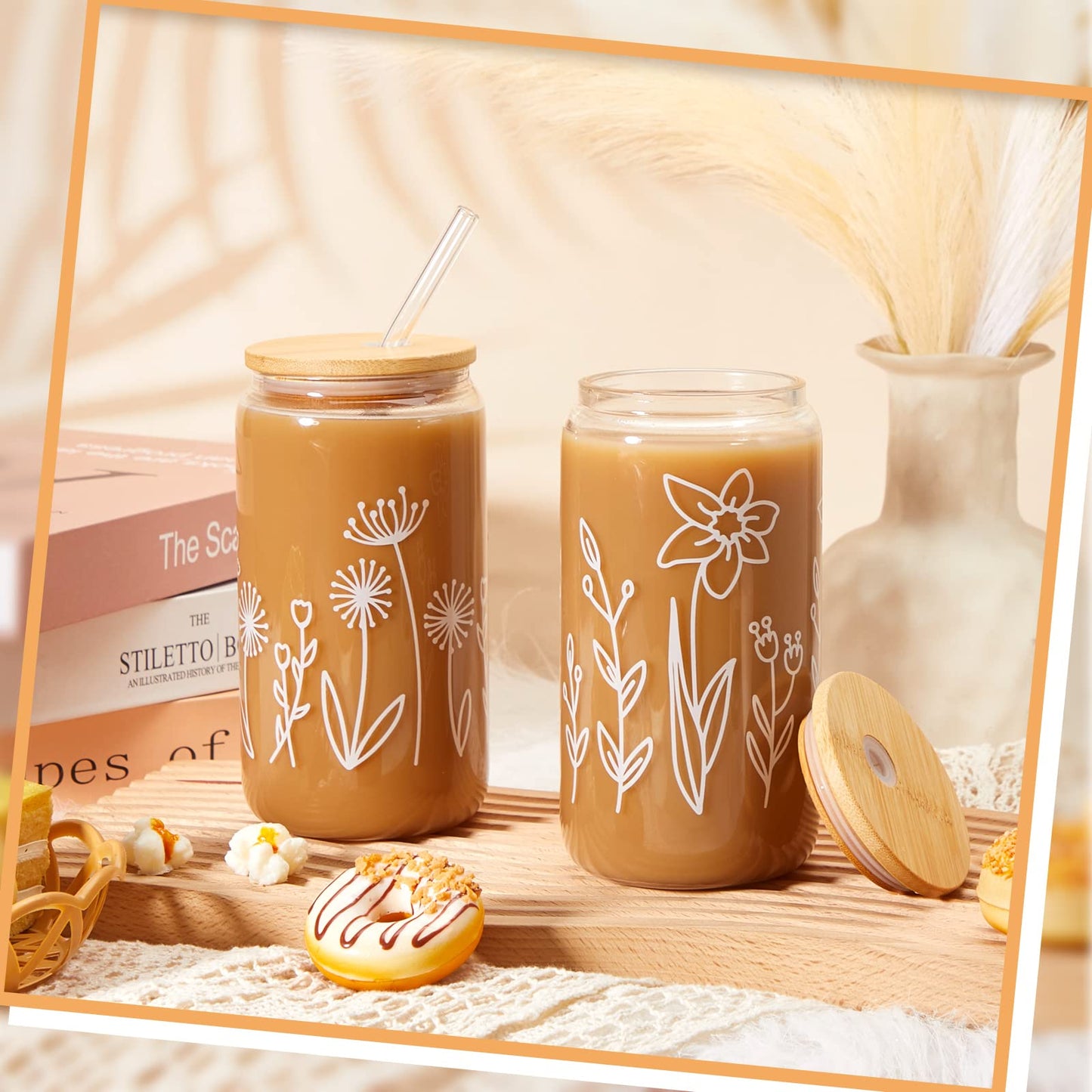Mumufy 18 Pack Glass Cups Gift Aesthetic Cute Glass Cup Tumbler Flower Iced Coffee Mugs 16 oz with Bamboo Lid & Straw, for Wedding Birthday Bridesmaid Mom Baby Shower