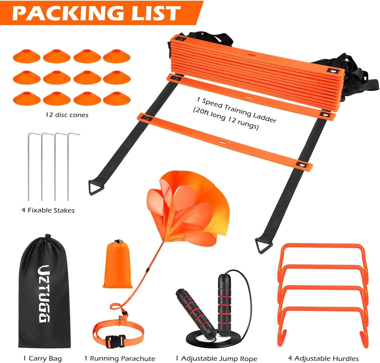 UZTUGG Agility Ladder Speed Training Set - 20ft Agility Ladder with 12 Cones, 4 Hurdles, Jump Rope, Running Parachute & Carry Bag for Soccer, Basketball, Football, Kids & Adults