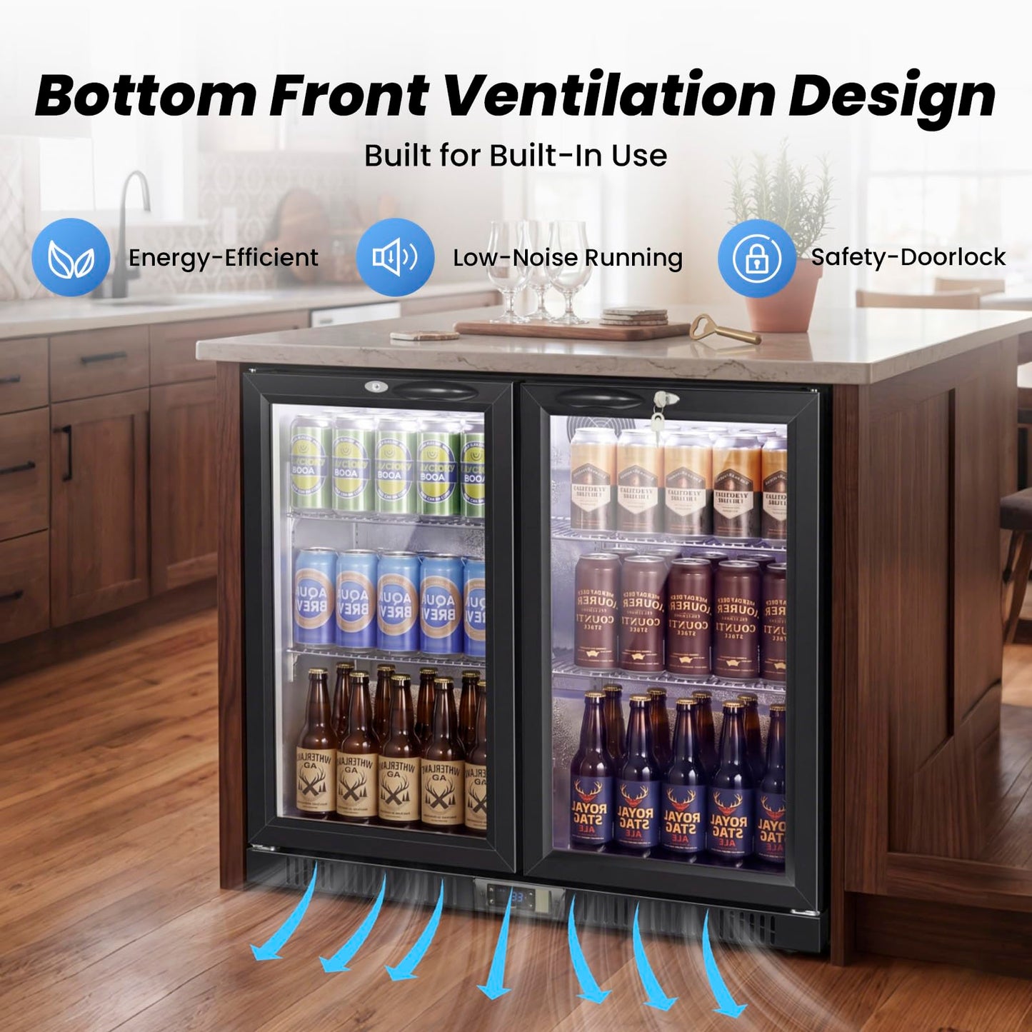 35.42" W Commercial Under Counter Beverage Refrigerator, 2 Glass Door Back Bar Cooler, Built-in/Freestanding 7.4Cuft Drink Fridge with LED Light, Auto Defrost, Low-E Glass & Safety Lock, Rebound door