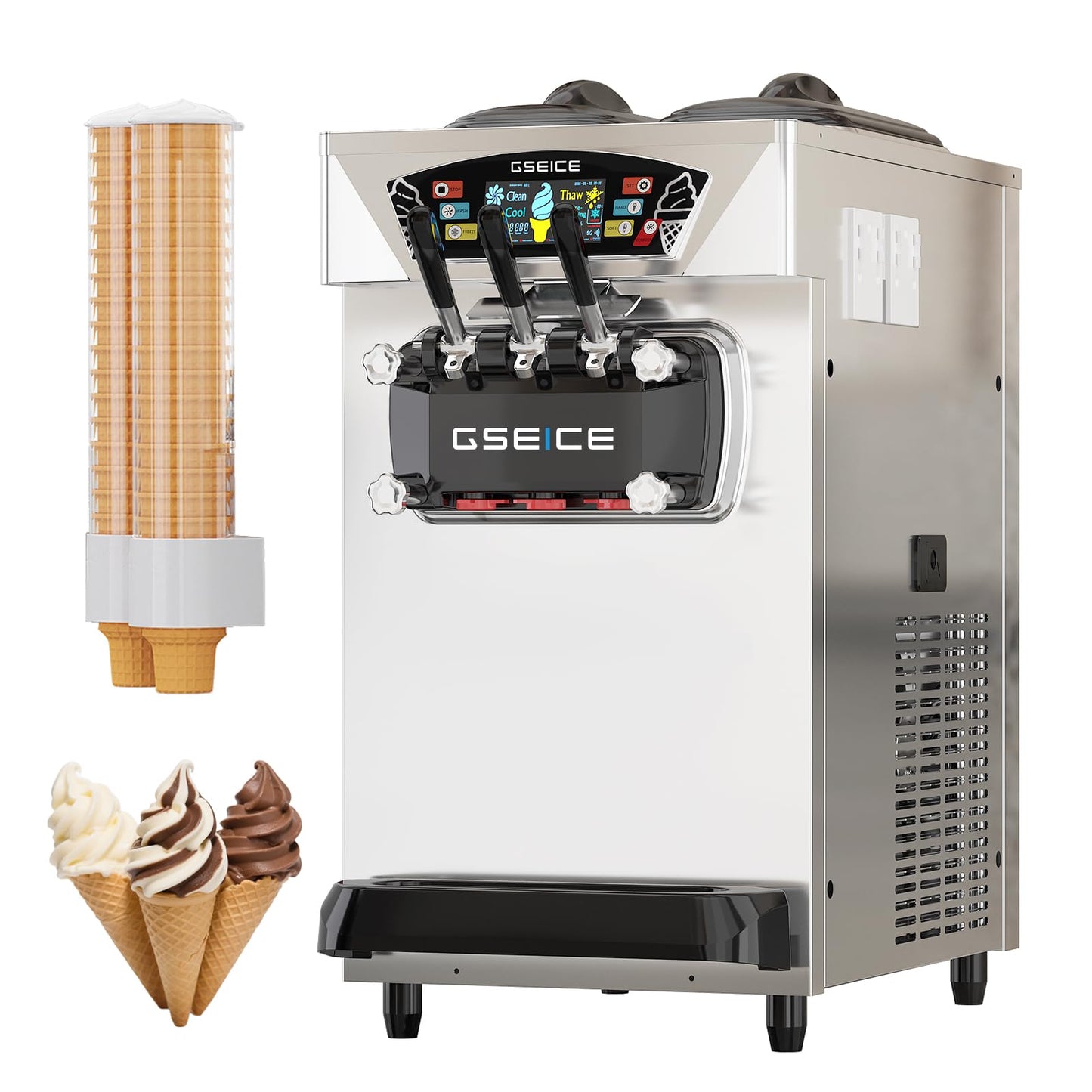 Commercial Ice Cream Maker, 6.8-8.4 Gal/H, 2 * 8L Hopper 110V Countertop Soft Serve Ice Cream Machine, 3 Flavors Puffing Alarm Pre-Cooling For Shops Cafes Dessert Stores, Auto Clean & Touch Screen