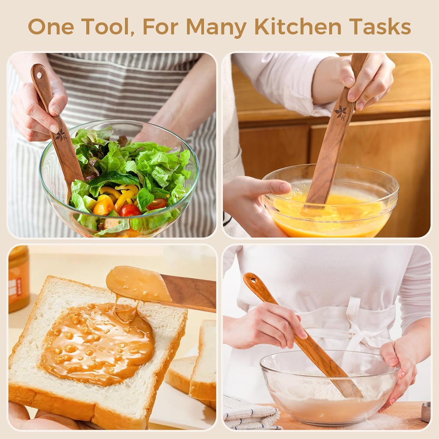 Skiennix 2 Pack Spurtle Set - Danish Dough Whisk & Jar Spatula in Solid Teak Wood for Bread Making