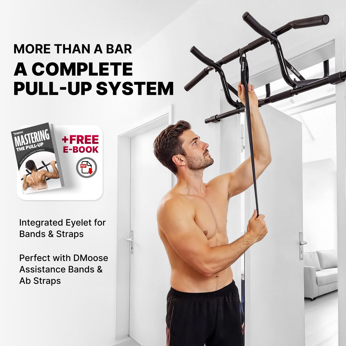 DMoose Fitness Pull Up Bar for Doorway with Pull Up Band - 250 lb Capacity, No Screws, Multi-Grip Chin Up Bar for Home Workouts, Upper Body & Strength Training - Includes Installation Guide