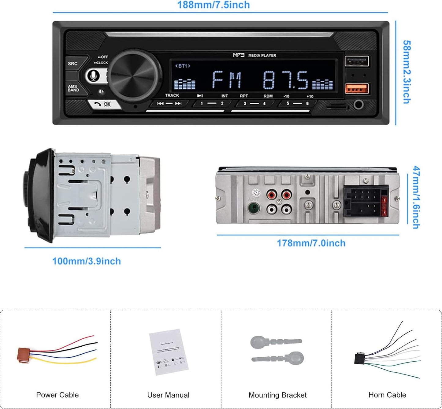 SIXTOP MP3 Single Din Bluetooth Car Radio Stereo Hands-Free Calls Push to Talk Voice Assistant Multimedia Audio System