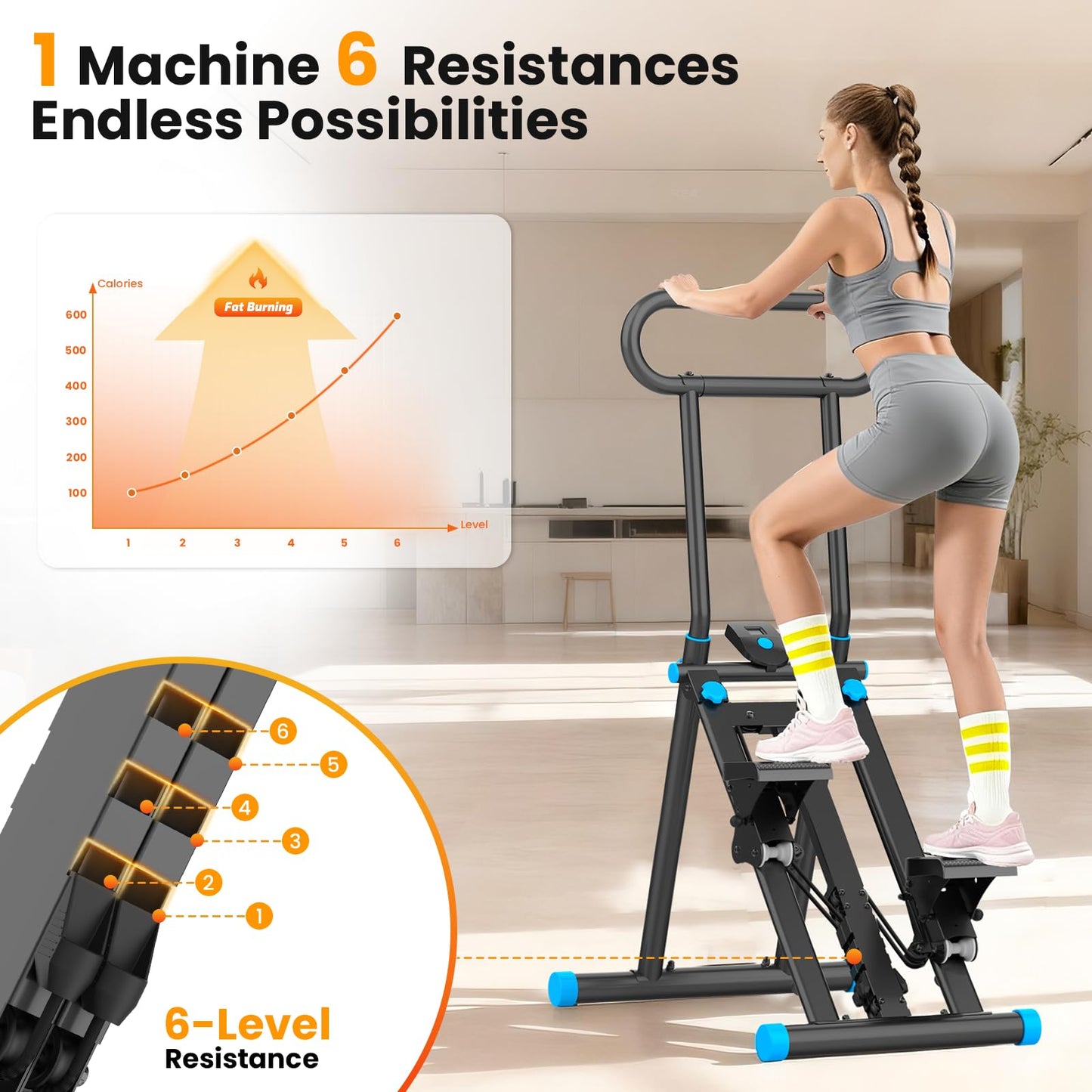 HXD-ERGO Stair Stepper, Upgrade 6-Level Resistance Stair Master with Adjustable Handlebar, Folding Stair Climber Workout Machine (6 Adjustable Resistance-Black)