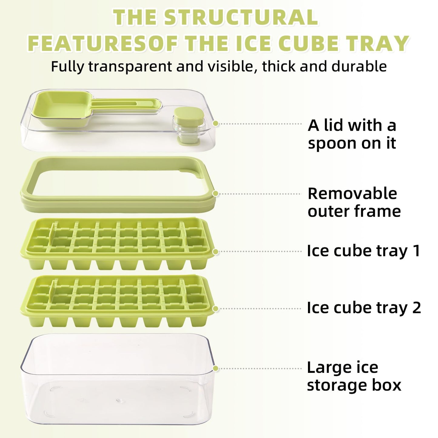 EuChoiz Ice Cube Tray with Lid Press Easy Release, Scoop and Bin Ice Trays for Freezer, Making 64 pcs Ice Cubes for Chilling Cocktail Whiskey Coffee Include 2 Trays and Storage Container, BPA Free