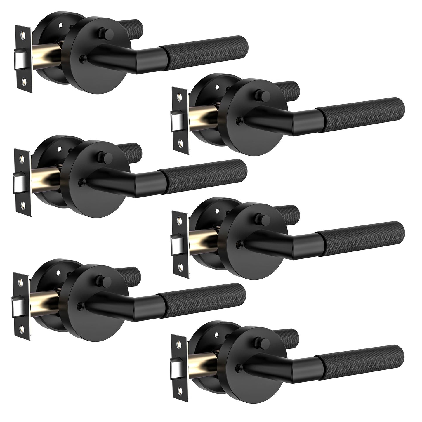 Zylaria 6 Pack Privacy Matte Black Door Lever Handle, Keyless Bedroom Bathroom Lock, Anti-Slip Knurled Grip, Fits Left/Right Hand Doors