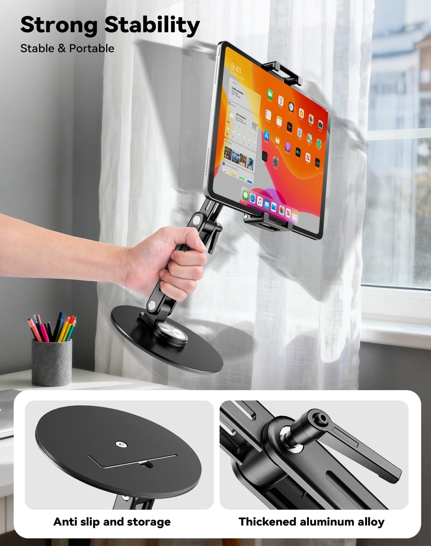Portable Monitor Stand Large Clamp - Heavy Duty Aluminum Body supports up to 4.4 lbs 16" 17.3" 18.5 inch 360° Rotating Base Swivel Foldable Desk Stand for iPad Holder Tablet Mount for Kitchen/Travel