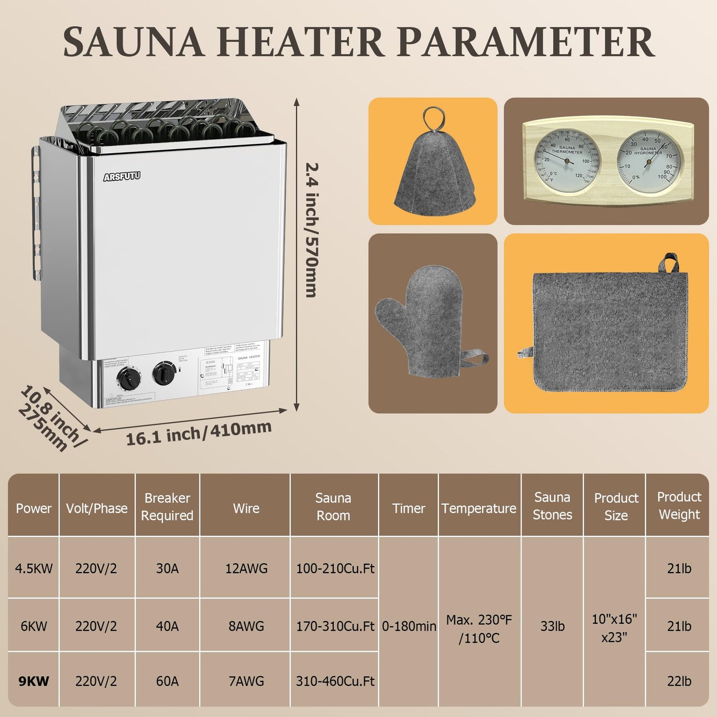 ARSFUTU Sauna Heater 9KW 220V Electric Sauna Stove with UL Test Report Thermo-Hygrometer Sauna Hat Set for 310-460 Cu.ft Home Hotel Spa Sauna Room