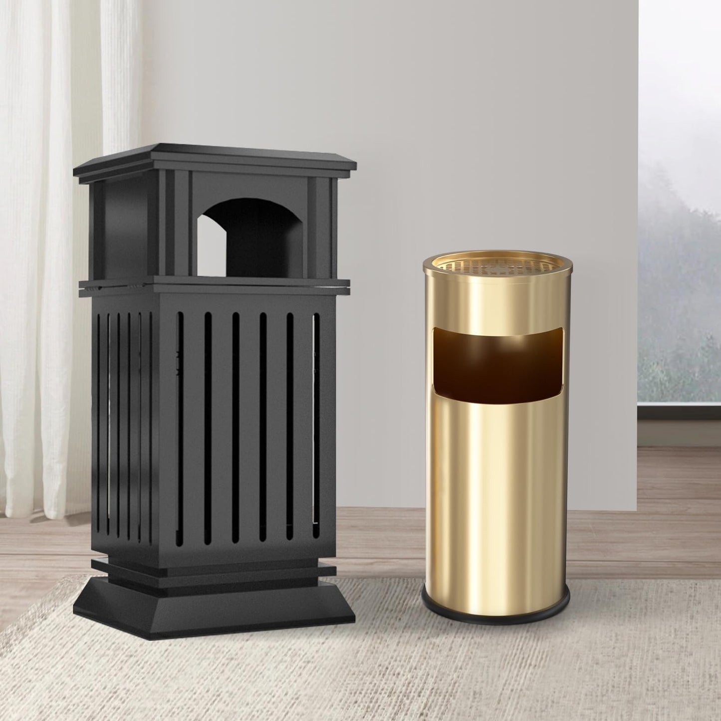 BEAMNOVA Matte Black 35.5 * 15.8 * 15.8 in Trash Can Outdoor Top Tray + Gold 9.8 * 24 in Stainless Steel Trash Can with Top Lid Tray