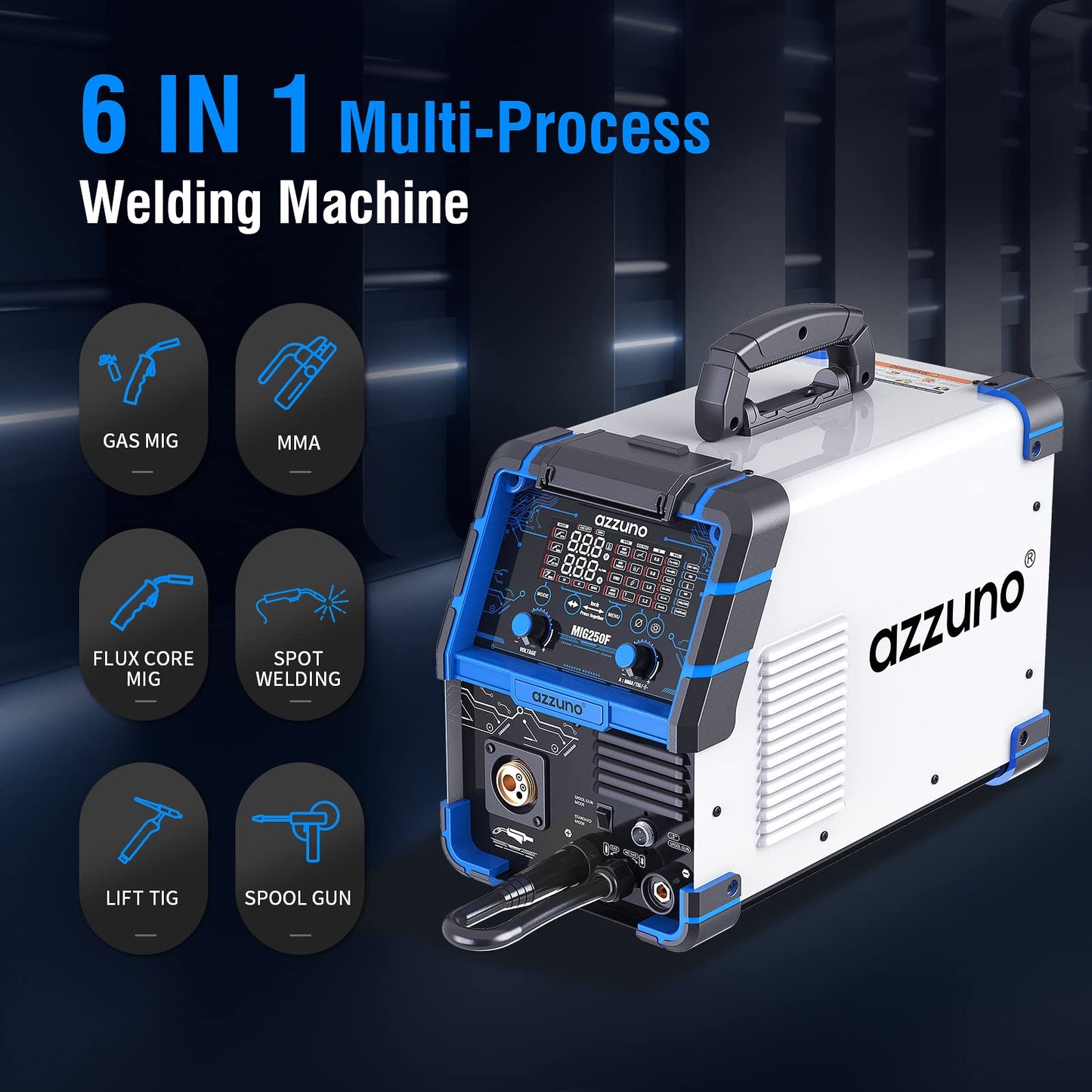 AZZUNO Aluminum 250A MIG Welder & .030" 2LBS Solid MIG Welding Wire, 6 in 1 Gas MIG/Gasless Flux Core/Stick/Lift TIG/Spot Welding/Spool Gun Compatible Welding Machine 110V/220V Large LED Display Multi