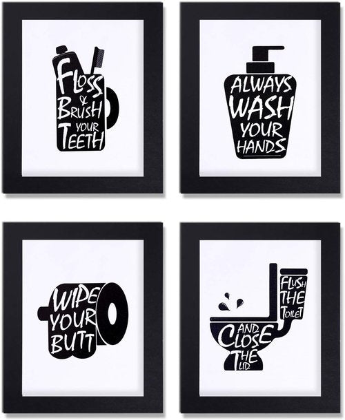 Joysnana Wall Art Prints - Funny Black and White Bathroom Decor | Set of 4 with Paper Frames (8x10 Inch)