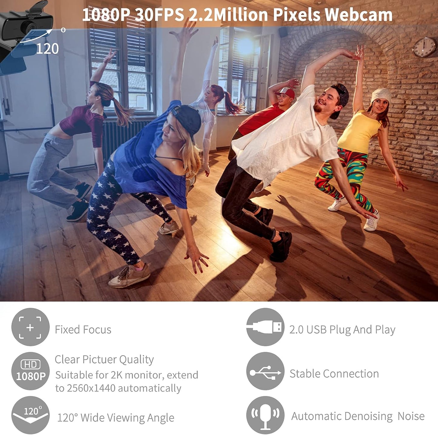 Ejfete 1080P 120 HD Webcam with Microphone and Privacy Cover, USB Plug & Play Computer Camera, Wide Angle Fixed Focus