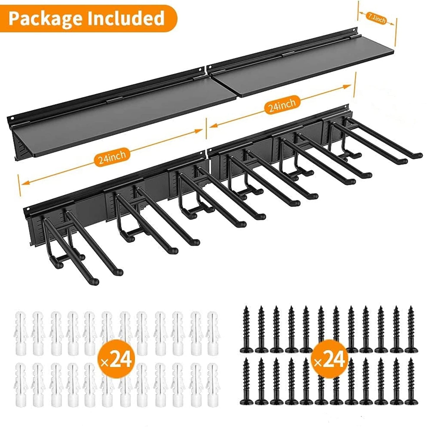 TORACK Garage Storage Organizer Systems, Wall Mount Overhead shelving, 48 inch Heavy Duty Steel Tool Racks, 6-Pack 12'' Double Hooks, 48 inch by 7 inch Floating Shelves, up to 1200Ibs