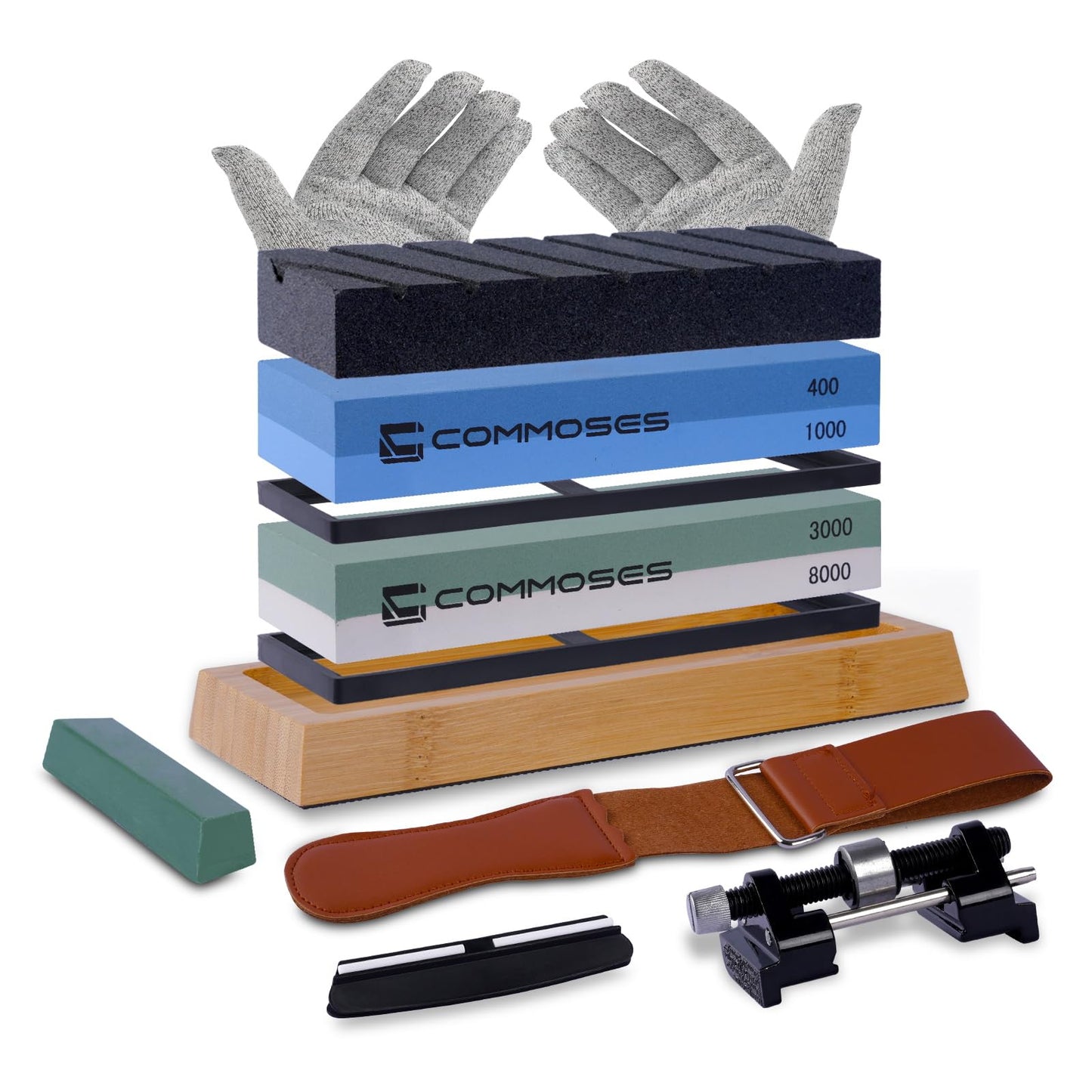Whetstone Sharpening Stone Knife Sharpener Stone Set: 4 Side 8000|3000 1000|400 in Kitchen With Bamboo Base,Cut Resistant Gloves,Angle Guide,Honing Guide,Flattening Stone,Leather Strop,Rubber pad