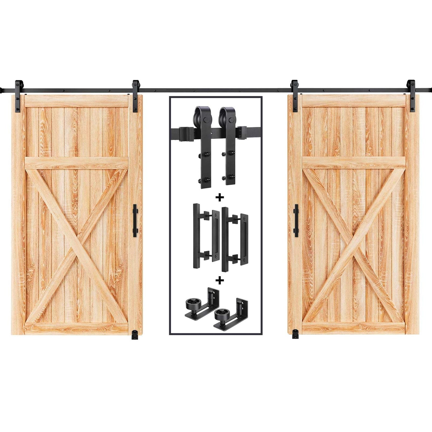 EaseLife 16 FT Double Sliding Barn Door Track and Handle Hardware Kit,Basic J Pulley,Slide Smoothly Quietly,Easy Install (16FT Track Kit for 44"~48" Wide Double Door)