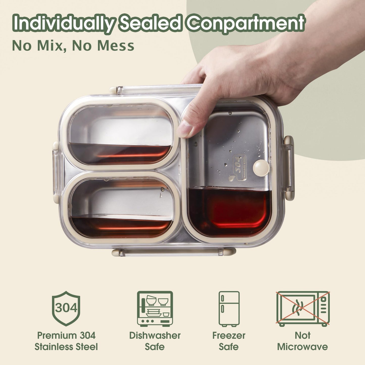 Kabbas Stainless Steel Bento Box Kids & Adults - 25 oz Leakproof Lunch Box with 3 Compartments, Premium 304 Stainless Steel Lunch Box for Kids, Dishwasher Safe, Suitable for School, Office, Outside