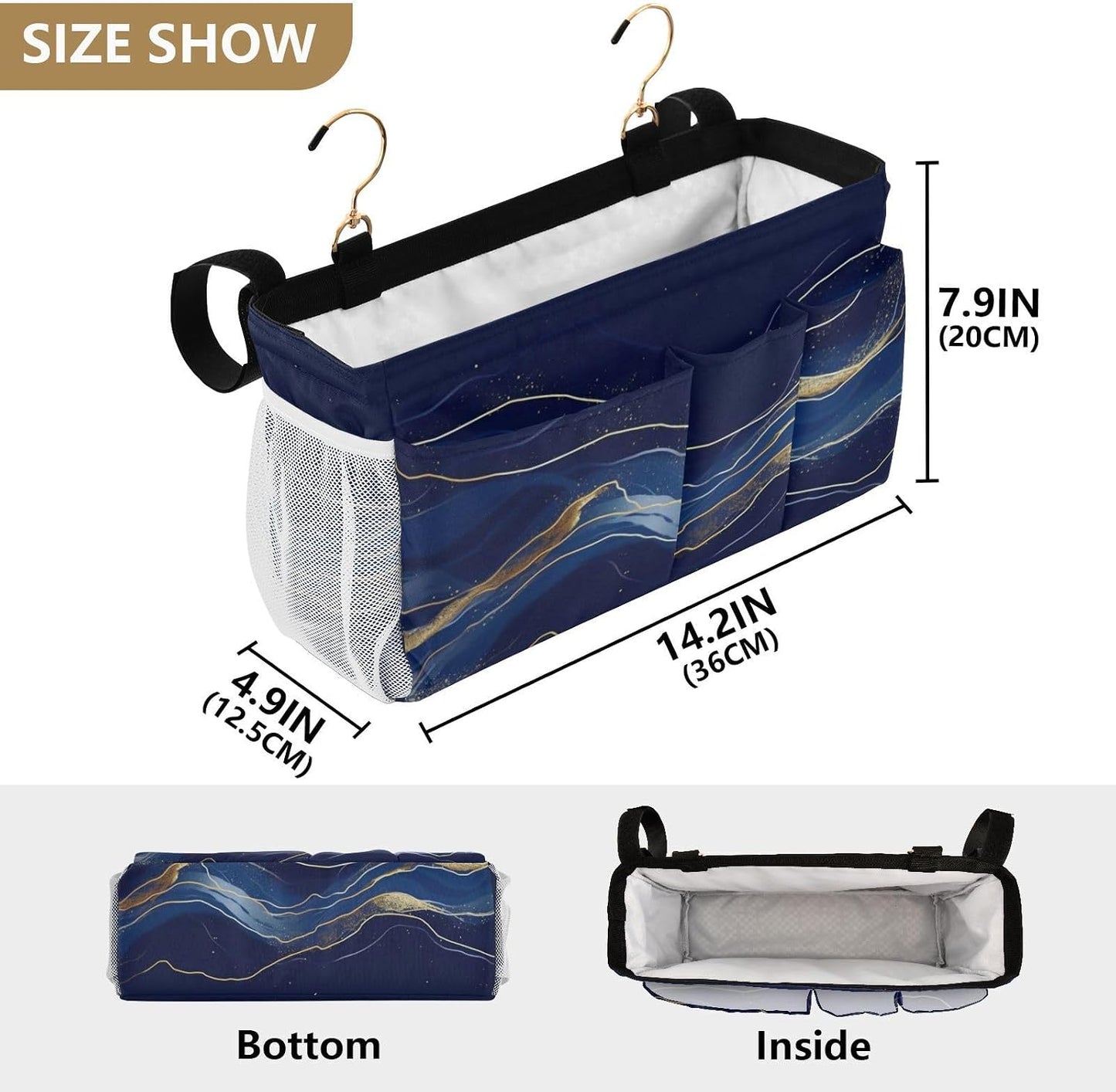 Amooorous Bedside Storage Caddy For Dorm Table Cabinet Storage Organizer for Bed Rails Deep Blue-gold Marble Texture