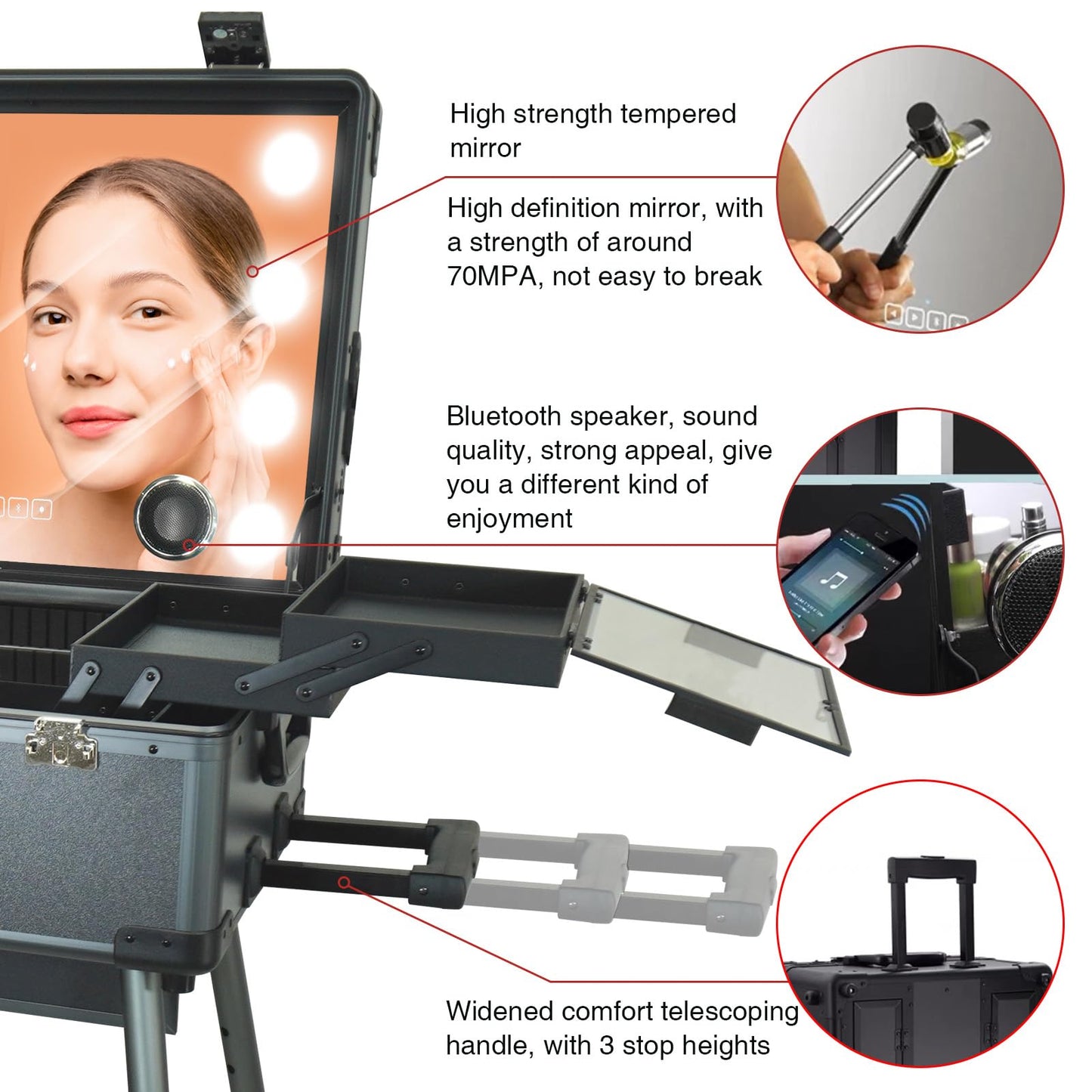 RUKEJUNE Rolling Makeup Train Case with Mirror and Lights Cosmetic Travel Box Mobile Barber Stations with Bluetooth, Speaker, Wheels, Stands