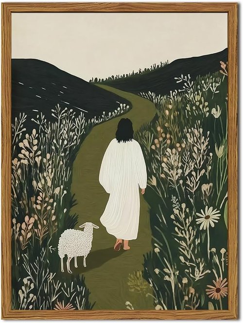 Framed Jesus Wall Art - Christian Canvas Print of Jesus and The Lost Lamb | 12x16 Inch Religious Decor