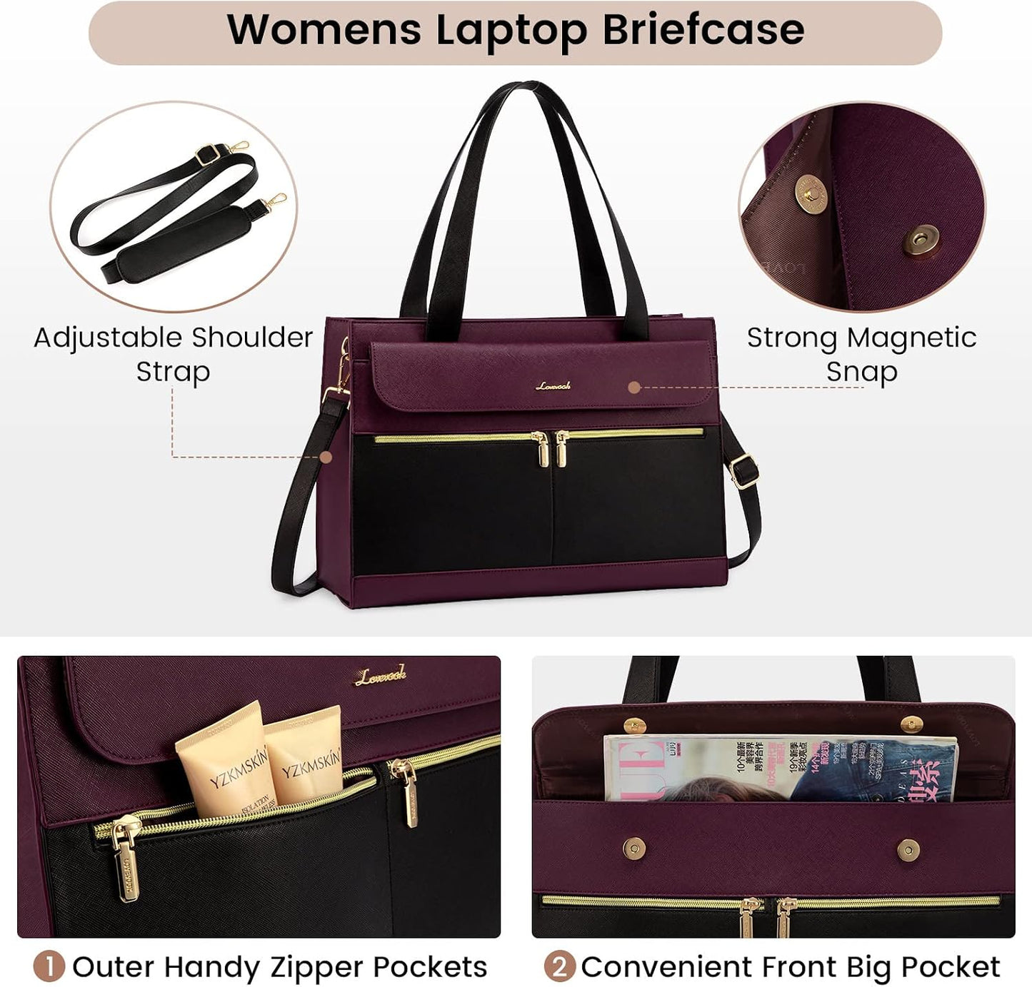 LOVEVOOK 15.6 Inch Laptop Bag for Women Tote Work Professional Leather Computer Briefcase Waterproof Handbag Shoulder