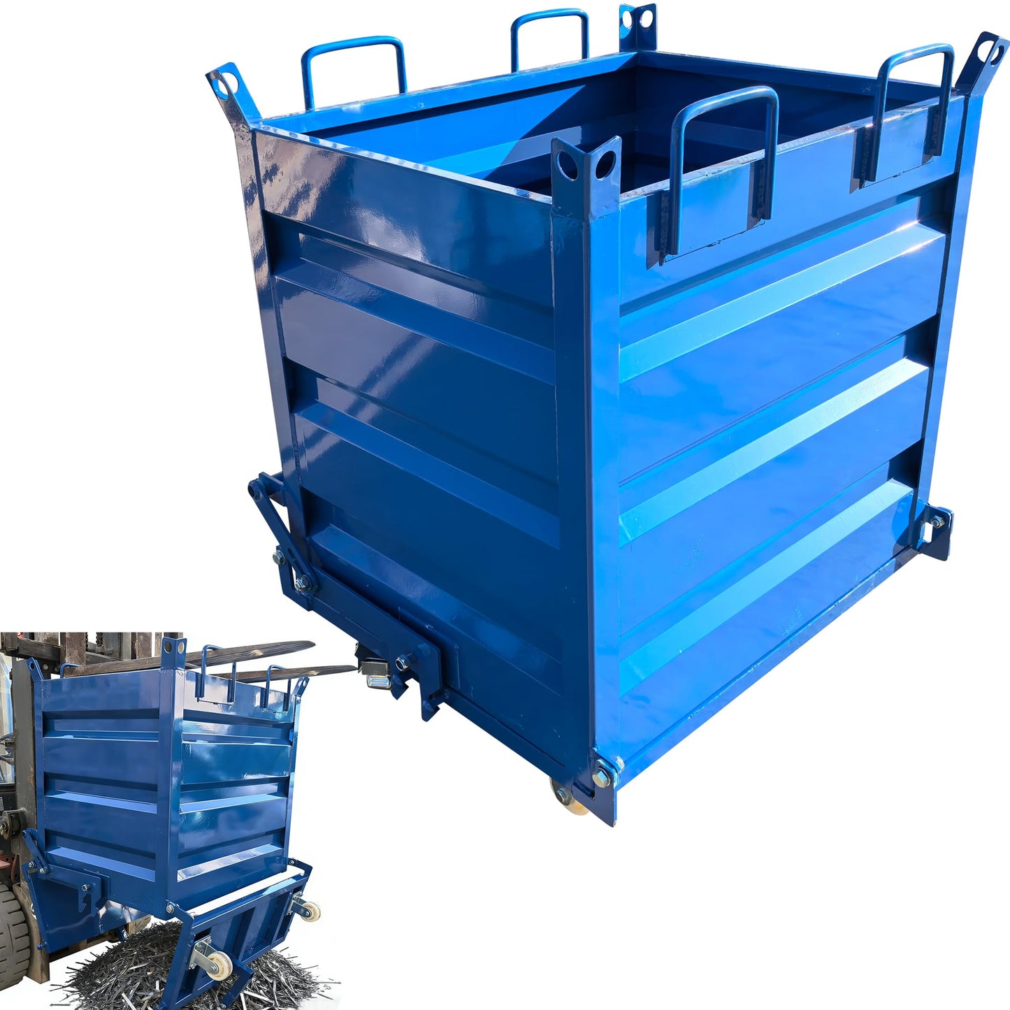 TECHTONGDA Industrial 3300 LB Self Dumping Steel Forklift Hopper with Casters, 1.25 Cubic Yard, 39.37"x31.5"x46.85" Scrap Collection Bin Metal Turnover Box for Warehouse & Factory Material Handling