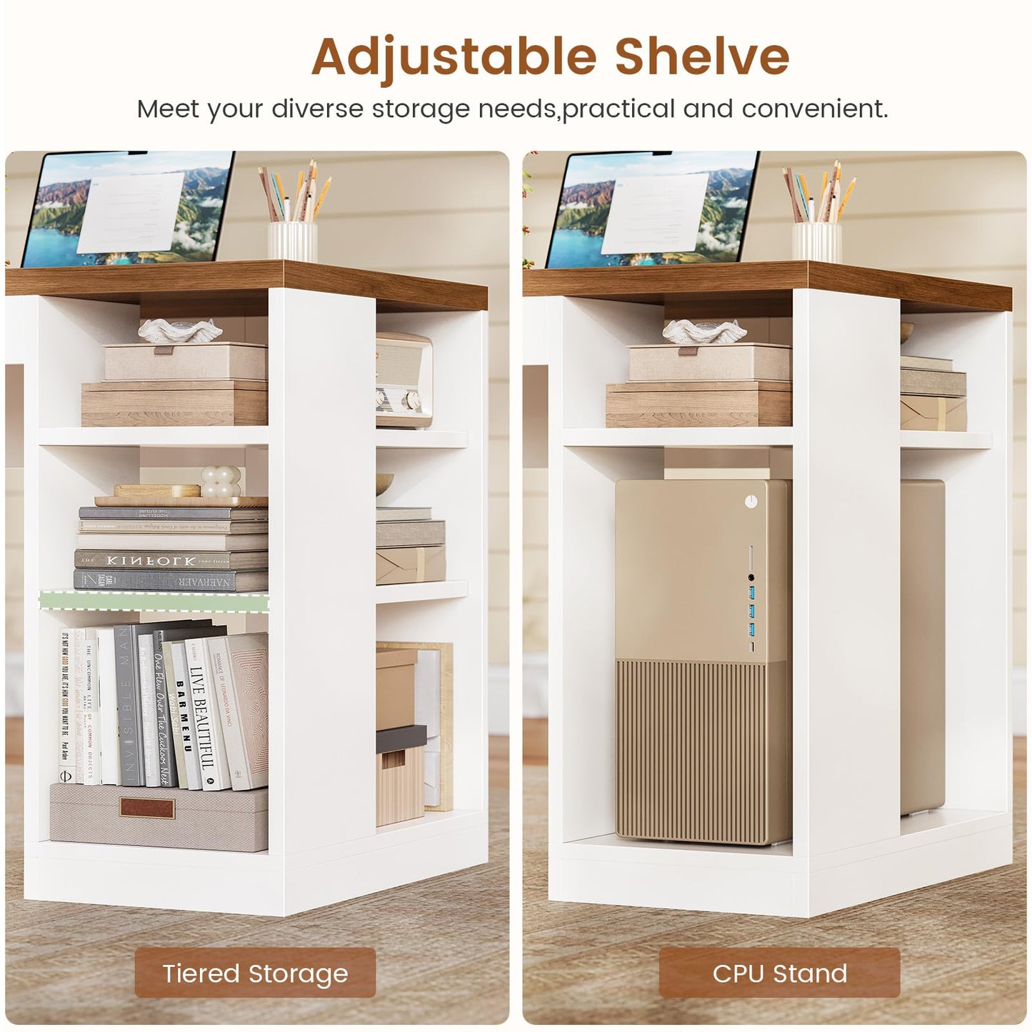 SEDETA L Shaped Desk with 2 Drawers, 65"x 59" Large Home Office Desk with Lockable File Drawer & Power Strip, Corner Desk with Storage & LED Strip, White + Brown