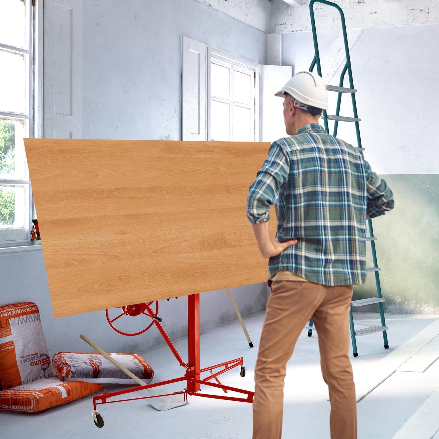 150LBS Heavy Duty Rolling Lifter Panel Perfect for Both Home & Commercial, 11FT Sheetrock Hoist Holder with Caster Construction Lockable Tool（Red）