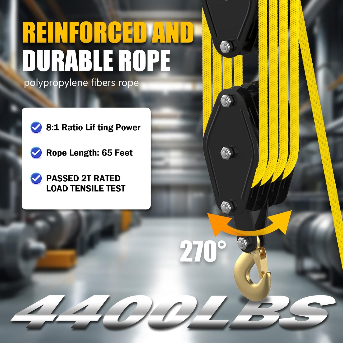 YATOINTO Rope Hoist Pulley System, 4400LB Pulley Block and Tackle, 8:1 Ratio Lifting Power 65ft, Heavy Duty Pulley Block for Hunting Lifting Heavy Objects Garage Warehouses Building (Yellow)