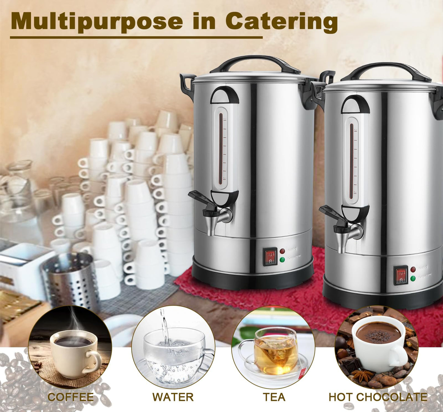 Commercial Coffee Maker 100 Cup Large Coffee Urn 4 Gallon 16L Industrial Coffee Dispenser 1300W Quick Brew Dual Wall Stainless Steel Hot Water Urn & Tea Maker for Catering, Wedding, Church & Events